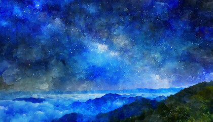 Fototapeta premium A watercolor painting depicting a serene night sky over a mountainous landscape. The dominant colors are various shades of blue, creating a calming and ethereal atmosphere. 