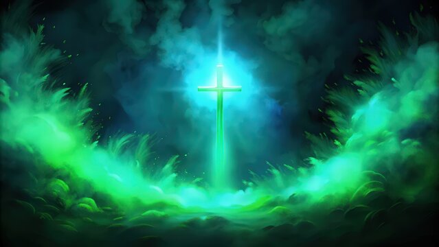 Glowing Green Cross in a Misty, Dark Sky