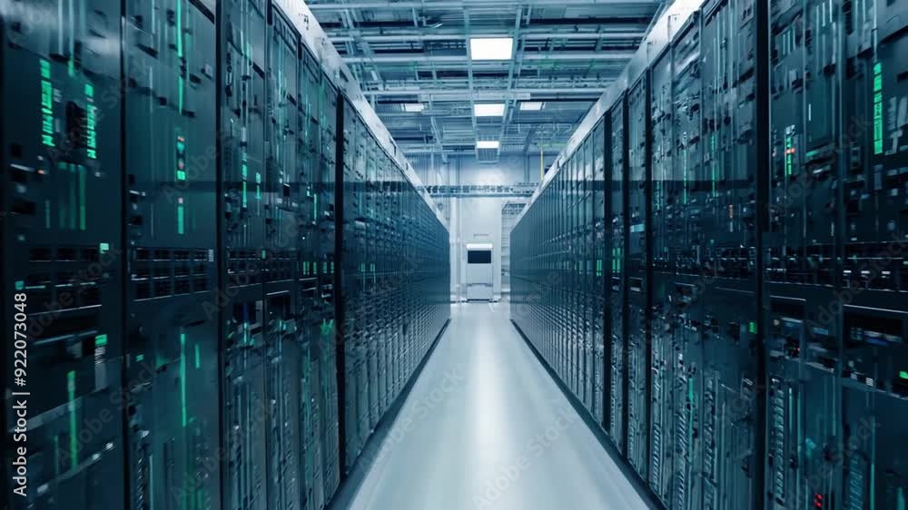 Poster rows of high-performance servers illuminate a data center aisle, showcasing advanced technology in a