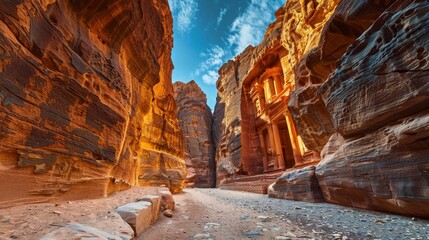 A mesmerizing view of the iconic Treasury at Petra, Jordan, as seen from within the Siq, a narrow gorge leading to the ancient city. The sandstone cliffs, carved with intricate details