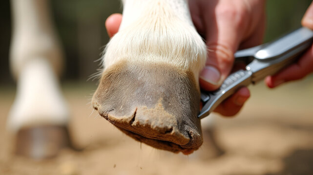 Close Up of Horse Hoof Being Trimmed with Nippers - Powered by Adobe