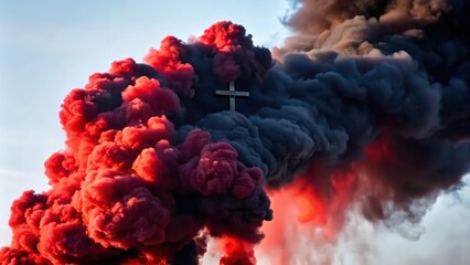 A Black and Red Smoke Plume with a Cross in the Center