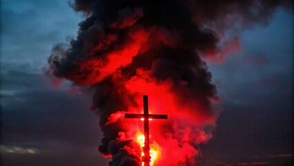 Silhouette of a Cross Emerging From a Red and Black Cloud