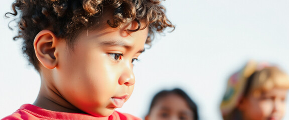 Obraz premium Close-up Portrait of a Young Boy with Curly Hair Looking Off to the Side