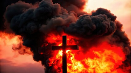 Black Smoke and Flames Surround a Silhouette of a Cross