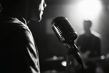 A male singer on a vintage microphone in a club.