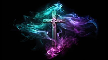 Obraz premium Wooden Cross Surrounded by Multicolored Smoke