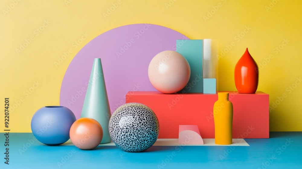 Poster a colorful display of vases and balls arranged in a box