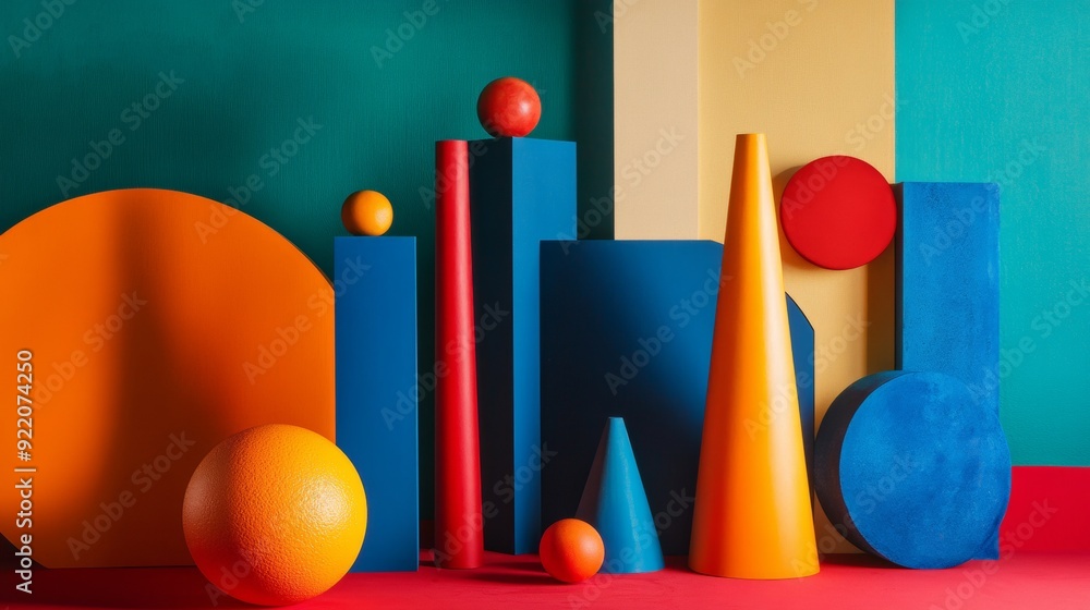 Poster a colorful display of various shapes and sizes, including balls and cones