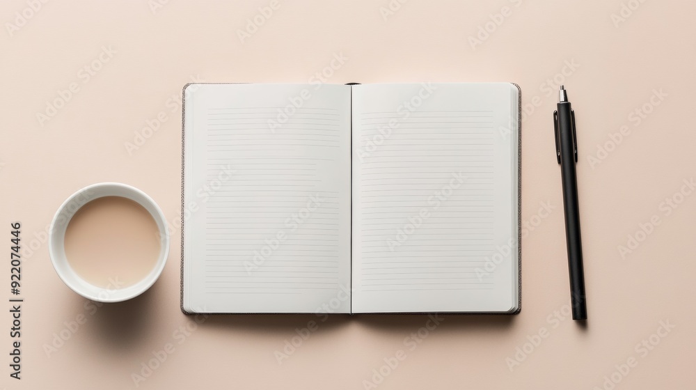 Poster a pen and a cup of coffee sit on a table next to an open notebook