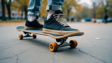 Obraz premium Skateboarder with Blue Jeans and Black Sneakers