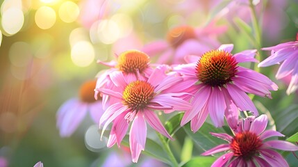 Beautiful Pink flowers Echinacea close-up on a blurred background. Echinacea Purpurea (Purple coneflower) medicinal plant it is used to strengthen the immune system