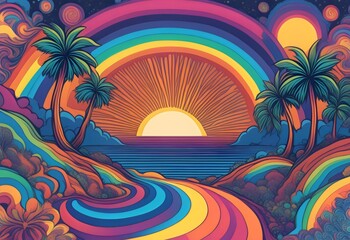 Naklejka premium Vibrant Psychedelic Summer Lake Art - Perfect for Nature Decor, Seasonal Art, and Whimsical Wall Art