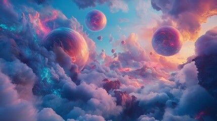 Naklejka premium Surreal Digital Art of Floating Planets in a Dreamlike Sky
