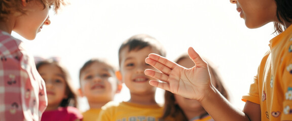 Obraz premium Close-up of a young girl's hand reaching out to her friends, with a bright background