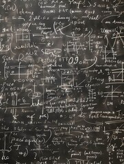 Blackboard inscribed with scientific formulas and calculations in physics and mathematics. Science and education math background.