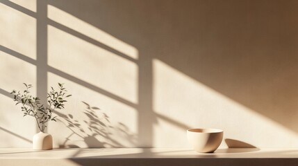 Fototapeta premium A white vase with a plant in it sits on a shelf next to a white bowl