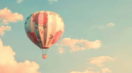Fototapeta premium A serene hot air balloon glides through a pastel sky, surrounded by fluffy clouds, capturing the essence of adventure and tranquility.