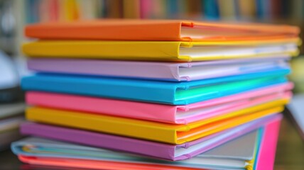 Colorful stack of notebooks with elastic bands, showcasing vibrant, organized, and creative stationery.