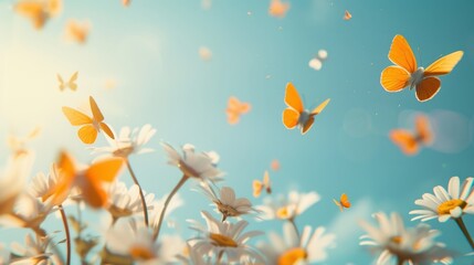 A serene scene of orange butterflies fluttering above white daisies under a bright blue sky, capturing the essence of nature's beauty.