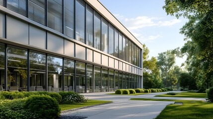 Obraz premium Energy-Efficient Office Building with Sustainable Landscape Design