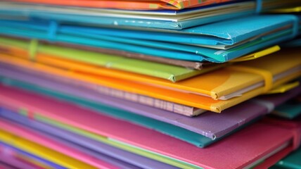 Colorful stack of notebooks with elastic bands, showcasing vibrant, organized, and creative stationery.