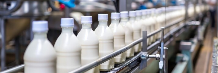 A row of milk bottles moves along a conveyor belt in a dairy factory, representing the production, packaging, and distribution of dairy products.