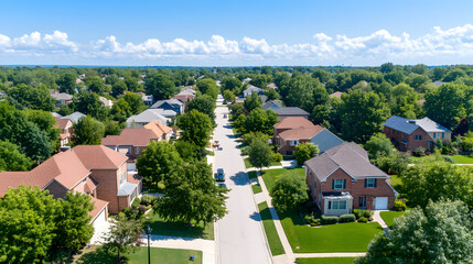 Aerial drone view of a residential area blending modern architecture with the serenity of the environment, houses, buildings, and rooftops amidst greenery, urban planning and suburban development.