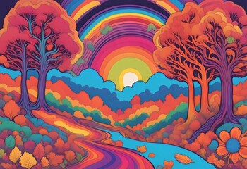 Fototapeta premium Enchanting Psychedelic Autumn Landscape Art - Perfect for Seasonal Decor, Nature Art, and Whimsical Wall Art