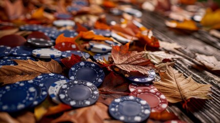 A scattered arrangement of poker chips on a wooden table, surrounded by vibrant autumn leaves, symbolizing the changing seasons, a game of chance, and a touch of nature.