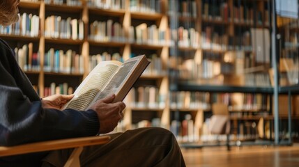 A senior man sits in a chair in a library, reading a book.  He is surrounded by bookshelves filled with books. The man's hand is on the page of the book