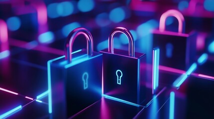 Three glowing blue and purple locks are arranged in a row