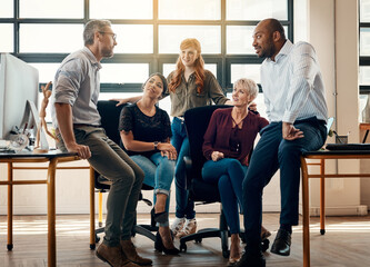 Talking, group and speaker with ideas in meeting, brainstorming and discussion with colleagues and...