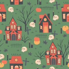 Halloween haunted house skull seamless pattern vector illustration