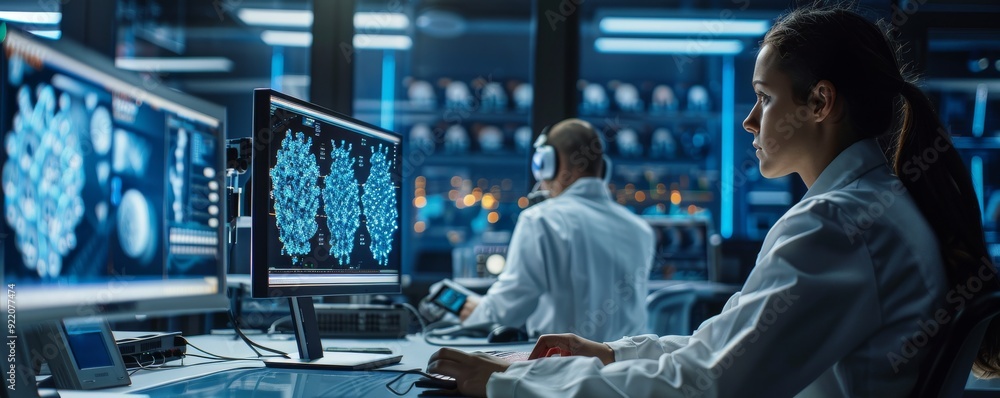 Aufkleber scientists analyzing data on high-tech screens in a futuristic laboratory