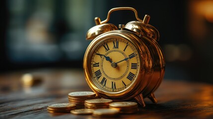 Golden Alarm Clock Balanced on Coins Representing Time Management