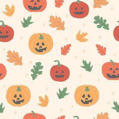 Halloween pumpkin autumn leaves seamless pattern vector illustration