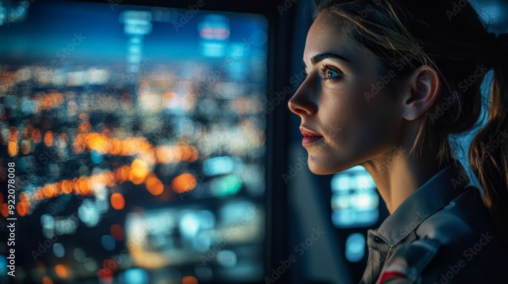 Poster a woman is looking at a computer screen with a city view in the background