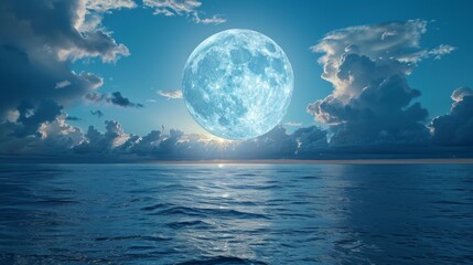A luminous full moon lights up a dark night sky over a calm ocean, creating a serene scene with scattered clouds and shimmering reflections.