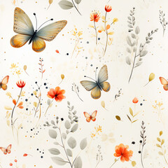 Soft pastel colors, watercolor style and summer theme with butterflies, watercolor, seamless, pattern, fabric, tile, background, carpet, children's wallpaper, clothing, sarong, packaging, batik	
