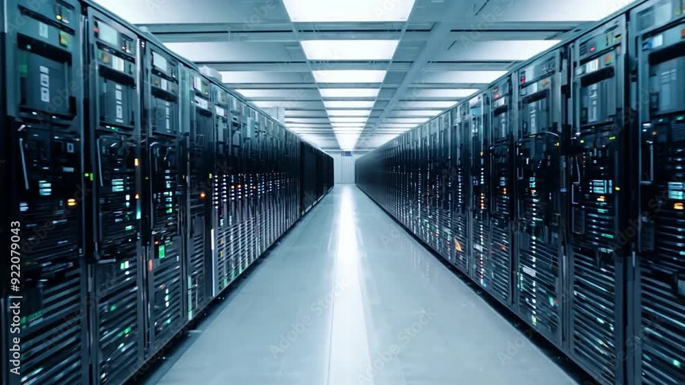 Poster rows of dark server racks occupy a well-lit data center, showcasing advanced technology in a secure 