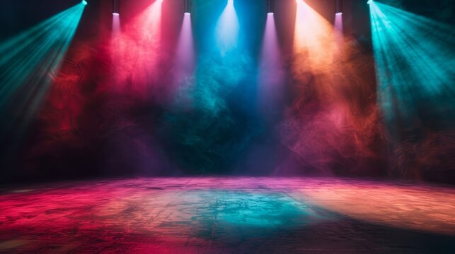 A stage illuminated with colorful spotlights. The smoke creates a dramatic and mysterious atmosphere, highlighting the empty space on the stage.