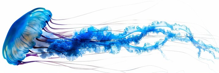 A stunning image of a blue jellyfish with long tentacles floating in a white background. The image captures the jellyfish's delicate beauty and ethereal nature.