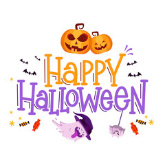Happy Halloween. Vector cute illustrations of objects: pumpkin head, funny skeleton, ghosts, eyes for postcard creation