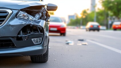 Fototapeta premium Close-Up of Accident Damage to Vehicle Front Ends, City Streets with Other Cars, Sun Rays Shining Through Clouds