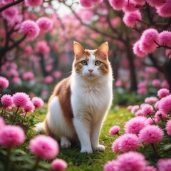 A Beautiful Image Of A Majestic Japanese Bobtail Cat Exploring A Garden Scene On A Vibrant Pink The Intricate