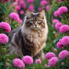 A Beautiful Image Of A Majestic Laperm Cat Exploring A Garden Scene On A Vibrant Pink The Intricate Details