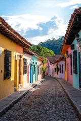 Fototapeta premium A street in a historic town, with the houses painted in a rainbow of pastel colors. 