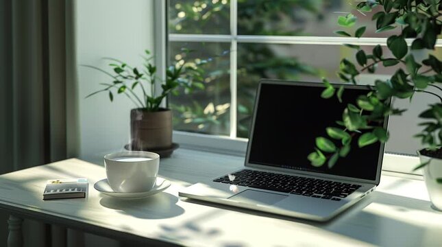 Cup of coffee and laptop on a desk by a window, enjoying the refreshing ambiance of a spring day outside
  Seamless looping 4k time-lapse virtual video animation Generated AI