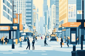Obraz premium bustling city scene with multiple newspaper carriers delivering papers to different locations, showcasing the diverse roles and importance of their job in a dynamic layout flat illustration.